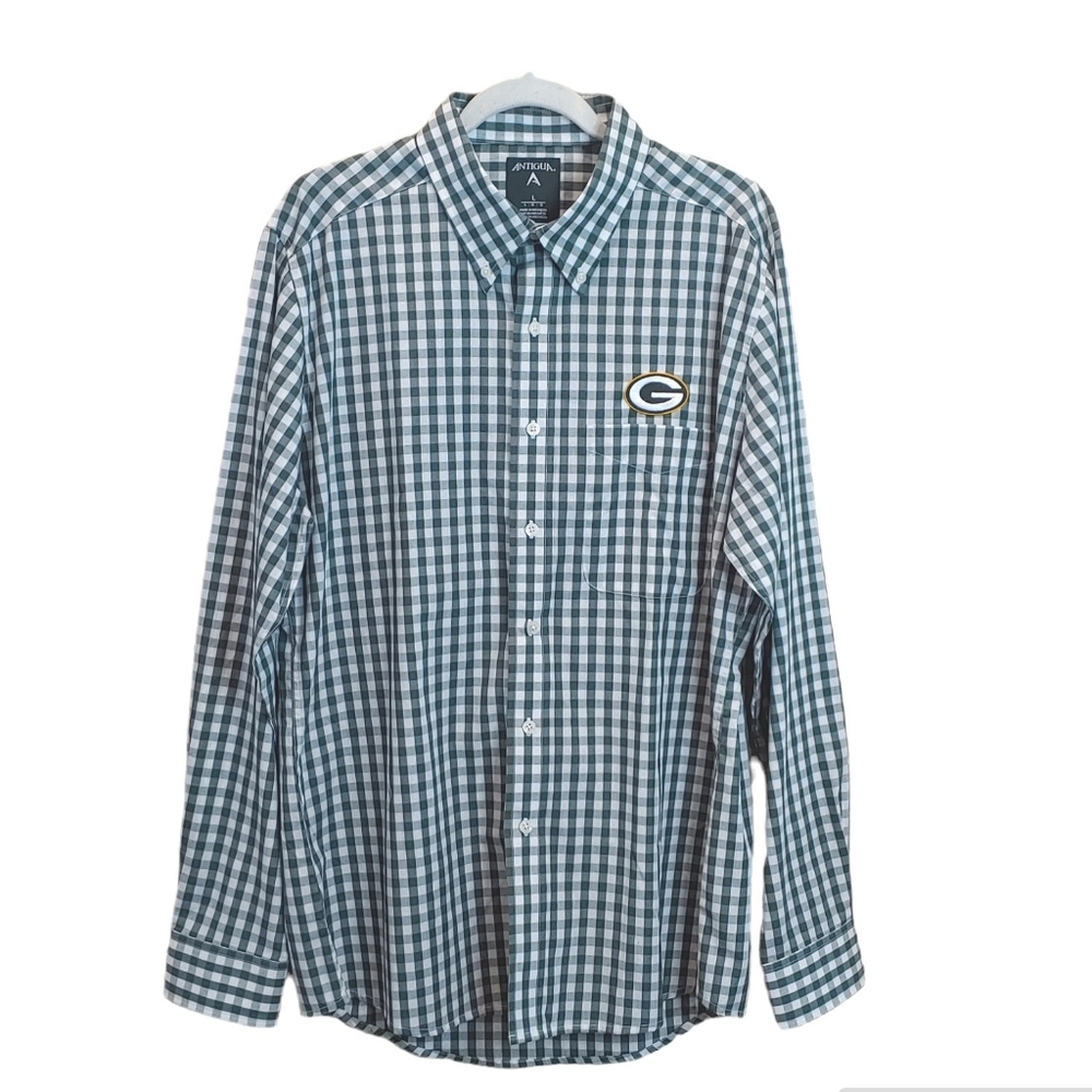 Green bay Antigua Men green white plaid casual longsleeve Polo Shirt size large